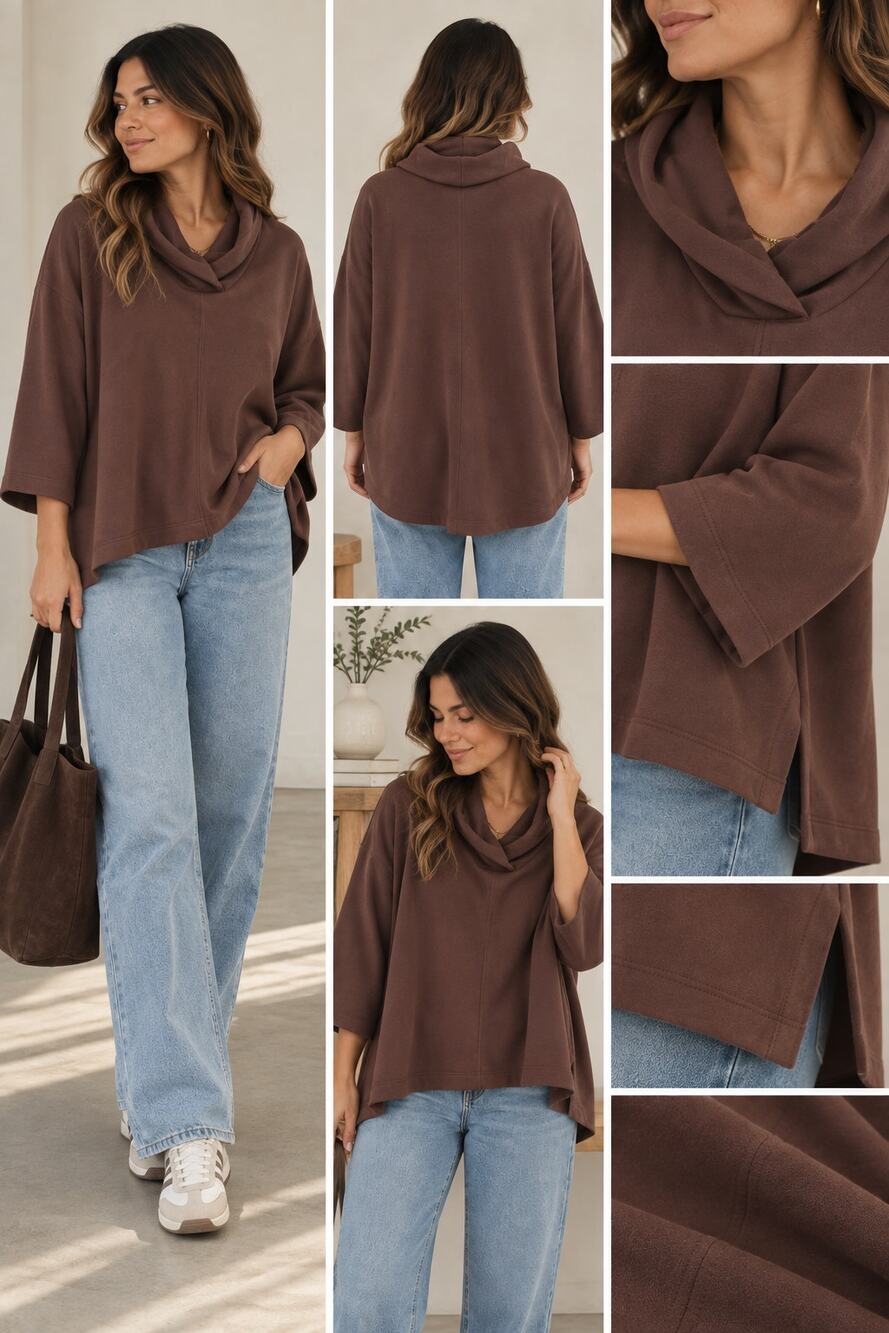 Pure Jill Elements Tunic L Petite Brown Cowl Neck Dolman Organic Cotton Top